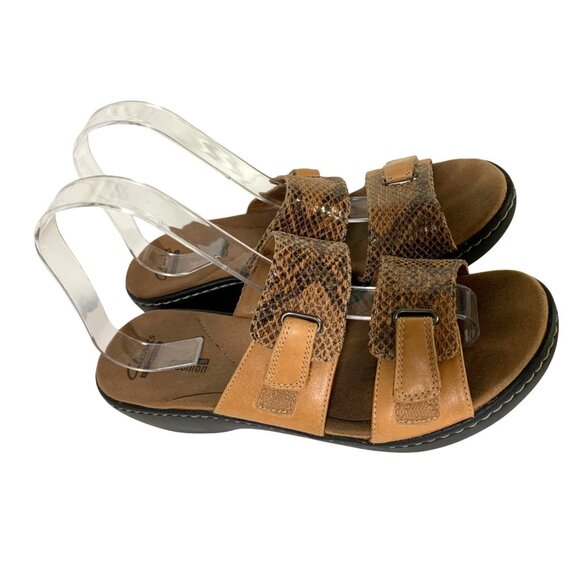 Clarks Collection Womens Size 9 Slide Sandals Lexi Snake Print Beige Tan Hook & - Picture 1 of 6